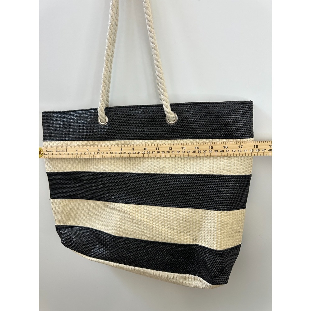 NEW Chico's Black Neutral Striped Woven Straw Beach Tote Bag Rope Handles Resort - Picture 6 of 11